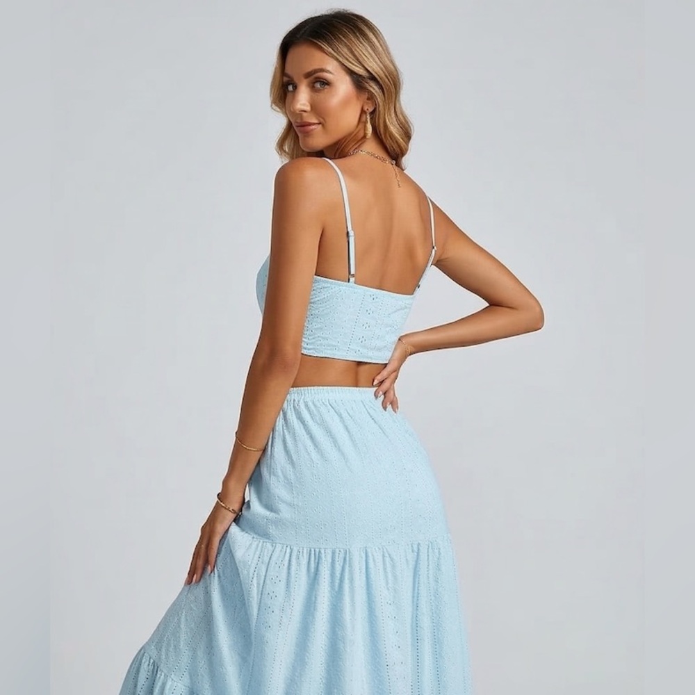 Boho Eyelet Embroidered Two-Piece Maxi Set Blue - Picture 7 of 9